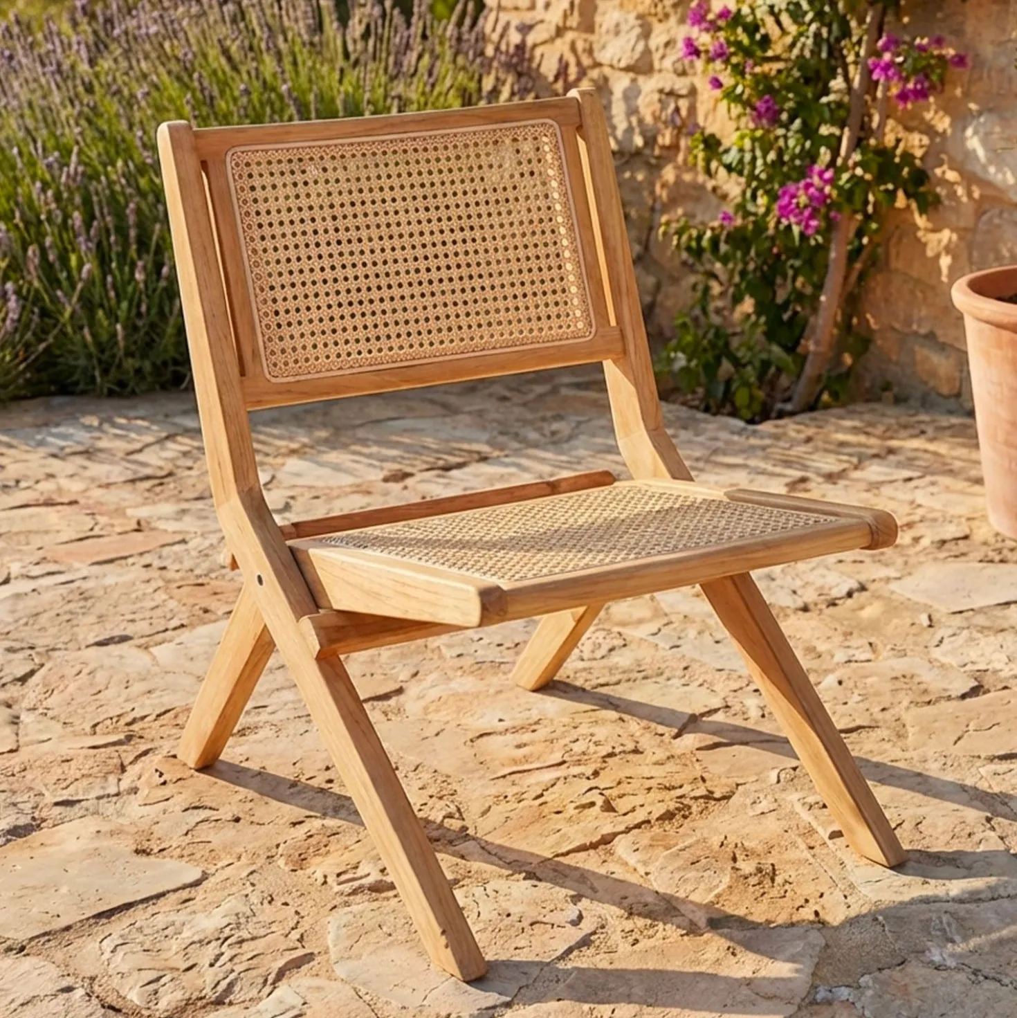 Fauteuil pliant Masdam Bois massif naturel et cannage en rotin