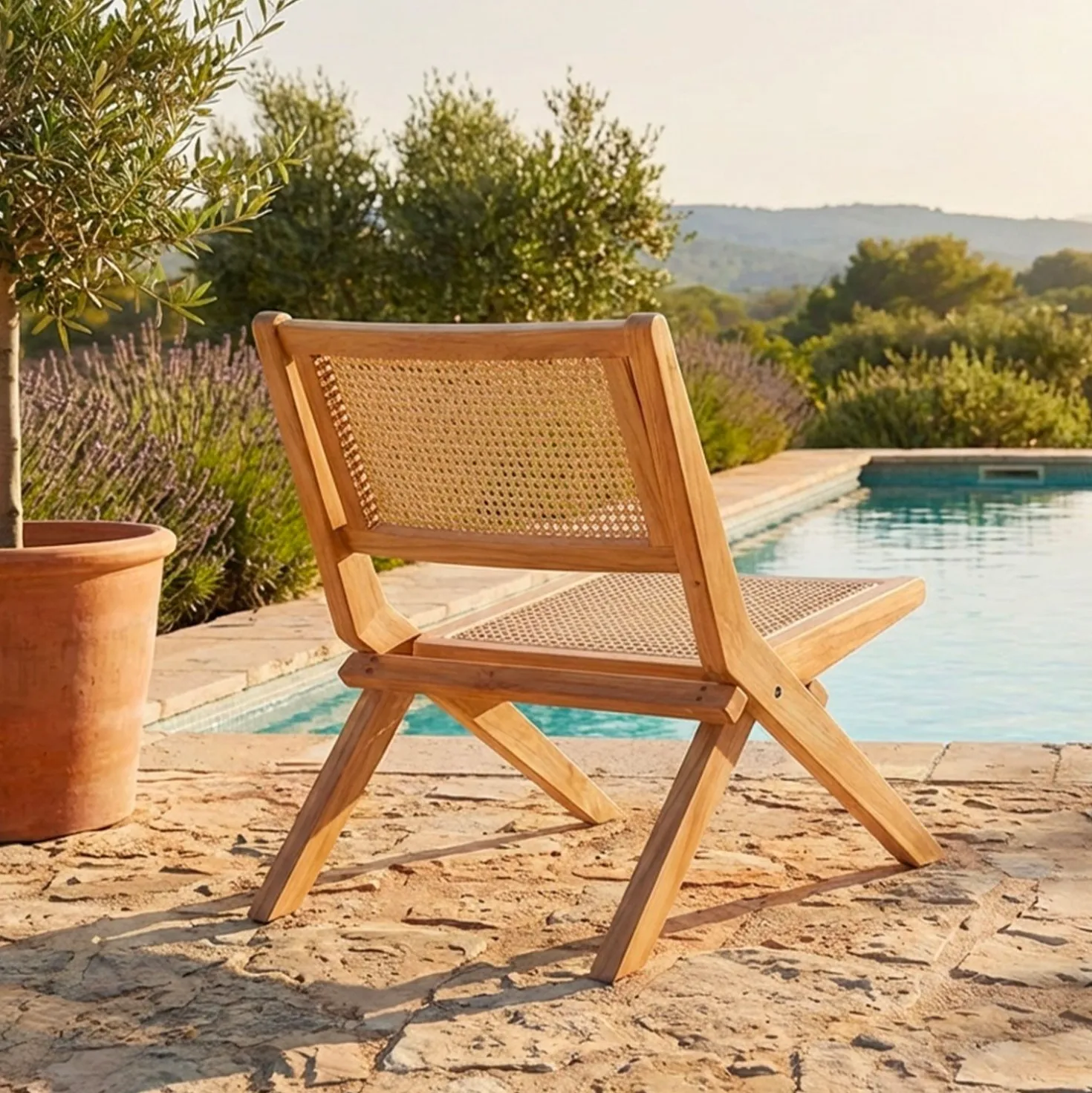 Fauteuil pliant Masdam Bois massif naturel et cannage en rotin