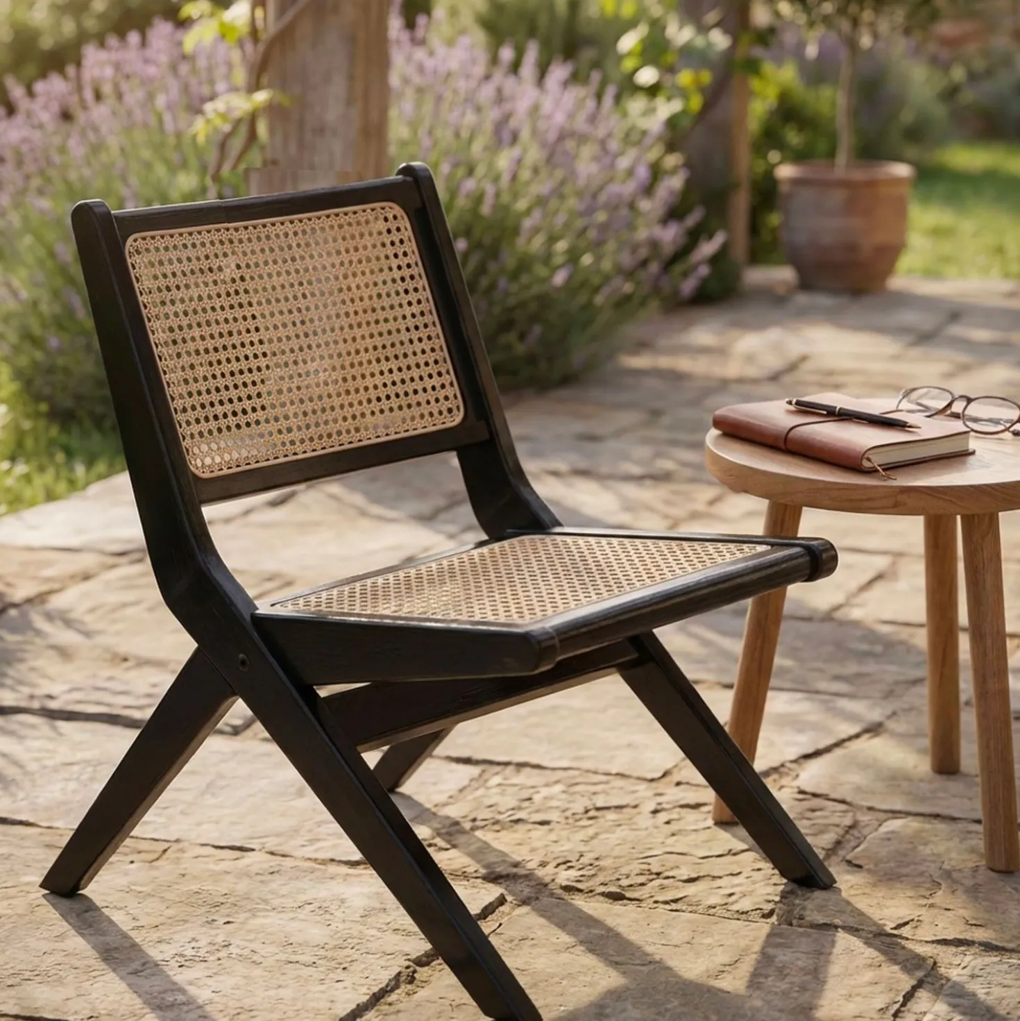 Fauteuil pliant Masdam Bois massif brun foncé et cannage en rotin