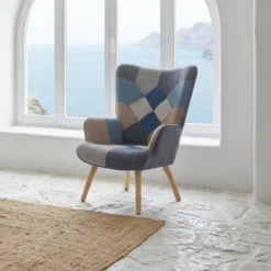 Fauteuil scandinave Lyliane Effet patchwork Velours Gris et Bleu