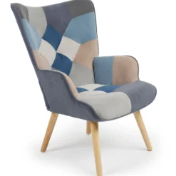 Fauteuil scandinave Lyliane Effet patchwork Velours Gris et Bleu