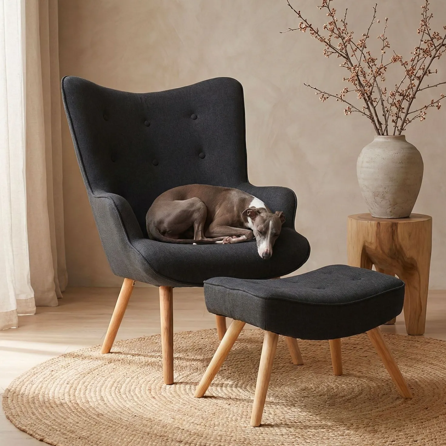 Fauteuil scandinave + pouf Lylou Tissu Noir