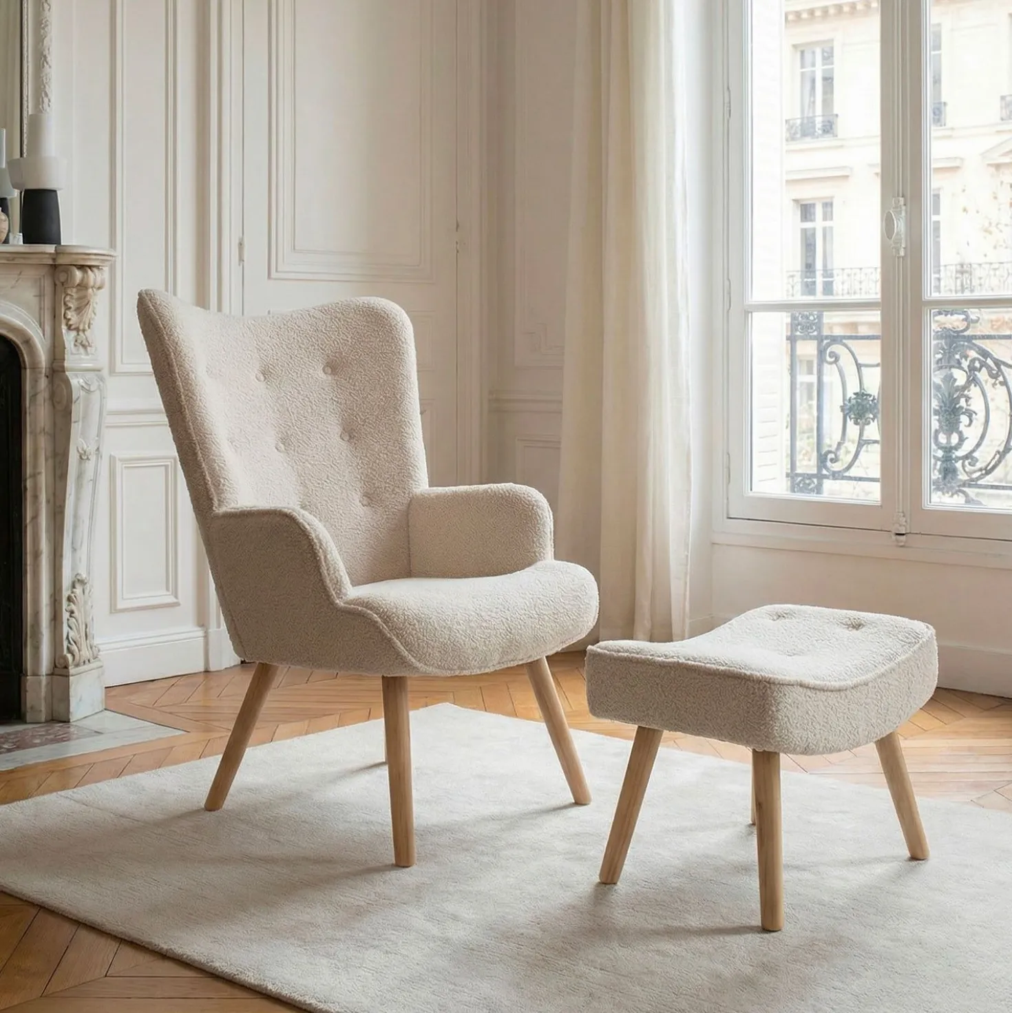Fauteuil scandinave + pouf Lylou Tissu bouclette lainée Crème