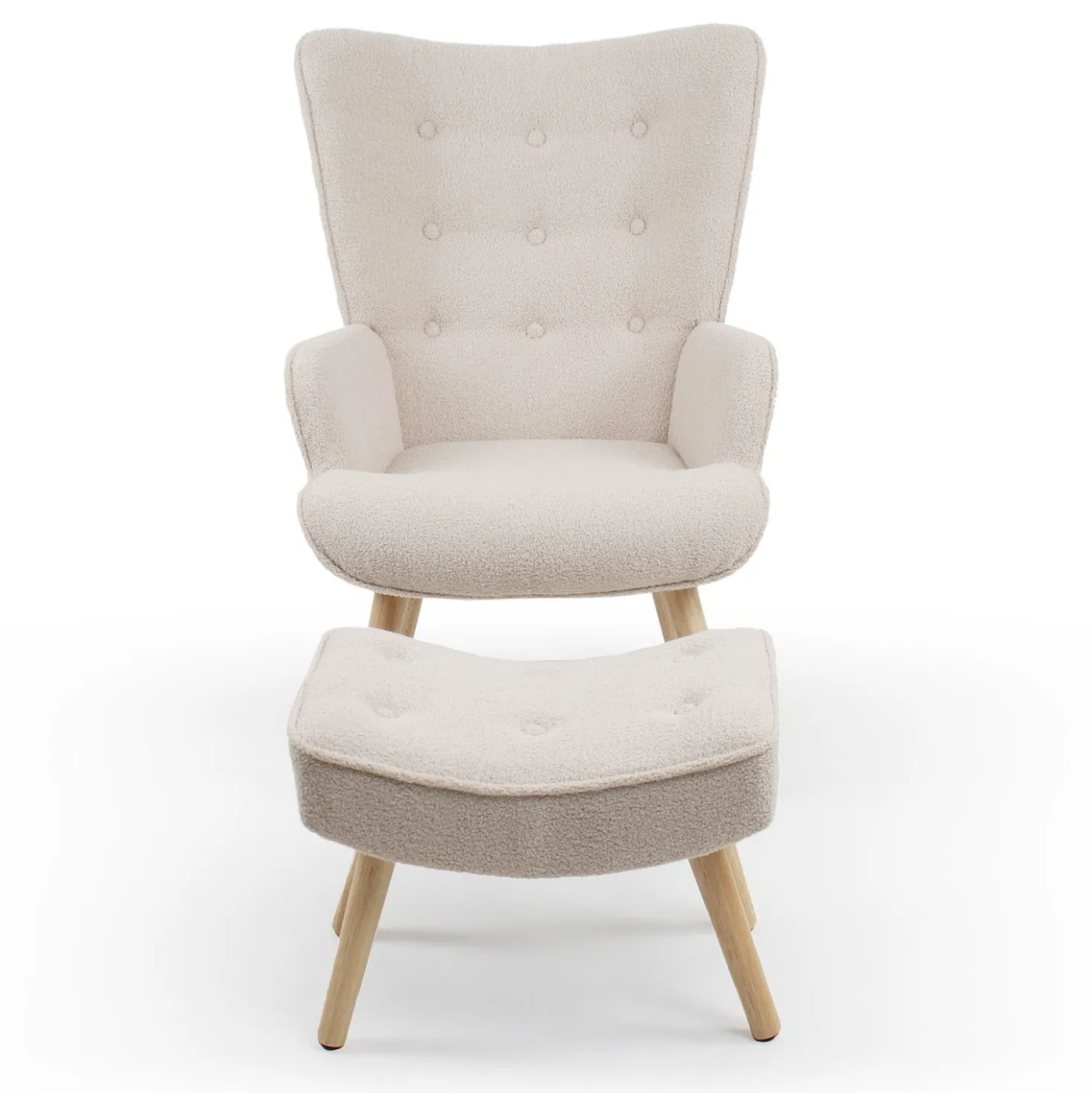 Fauteuil scandinave + pouf Lylou Tissu bouclette lainée Crème