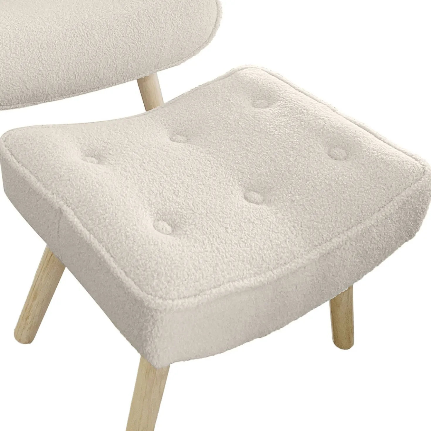 Fauteuil scandinave + pouf Lylou Tissu bouclette lainée Crème