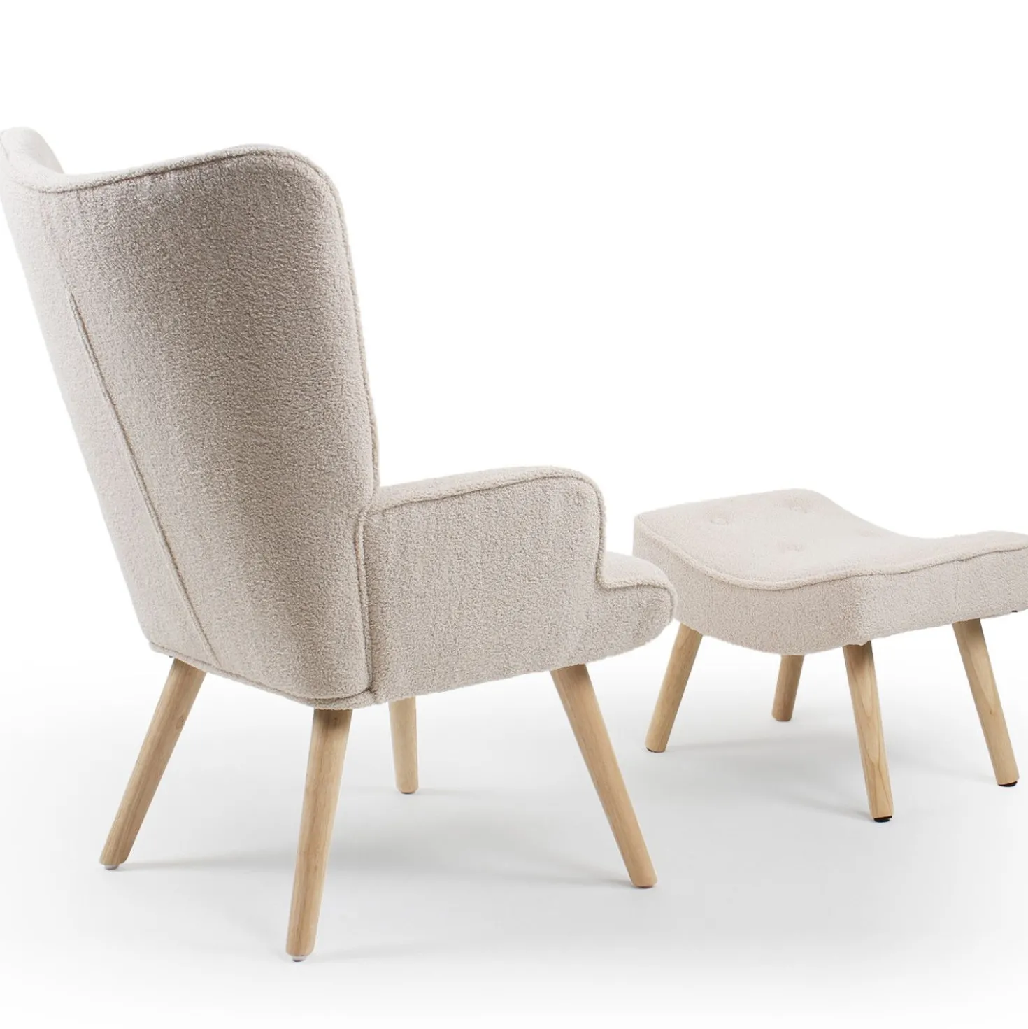 Fauteuil scandinave + pouf Lylou Tissu bouclette lainée Crème