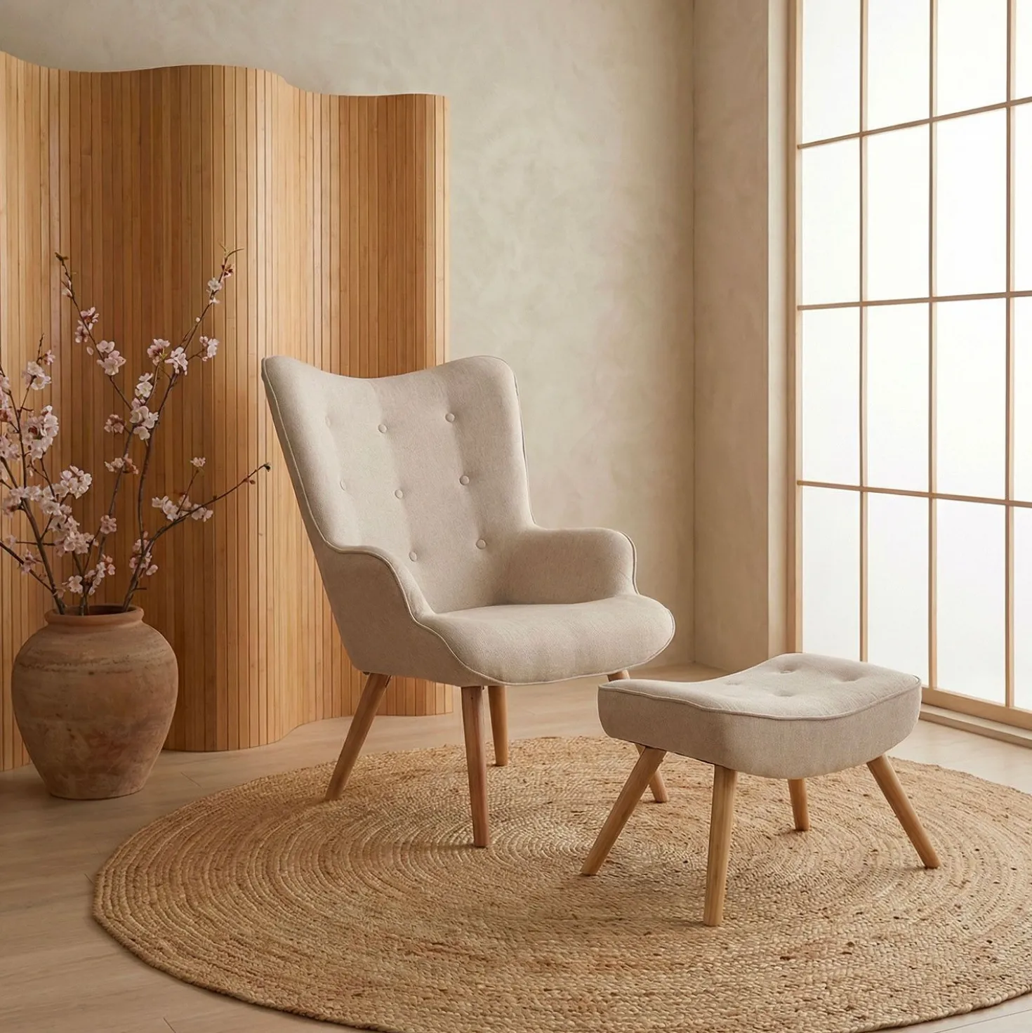 Fauteuil scandinave + pouf Lylou Tissu Beige