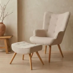 Fauteuil scandinave + pouf Lylou Tissu Beige