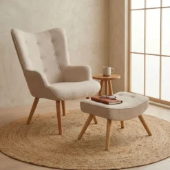 Fauteuil scandinave + pouf Lylou Tissu Beige