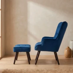 Fauteuil scandinave + pouf Lylou Velours Bleu