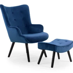 Fauteuil scandinave + pouf Lylou Velours Bleu