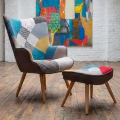 Fauteuil scandinave + pouf Lylou Tissu Patchwork