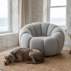 Fauteuil tournant design coquillage Arielina Tissu bouclette Gris
