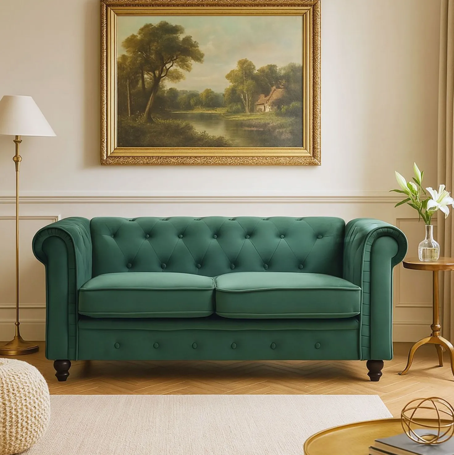 Grand canapé 2 places Chesterfield Velours Vert