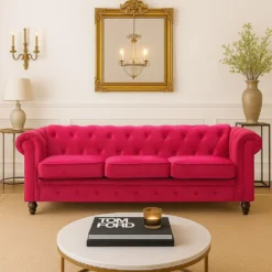 Grand canapé 3 places Chesterfield Velours Rouge