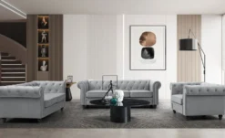 Grand canapé 3 places Chesterfield Velours Argent