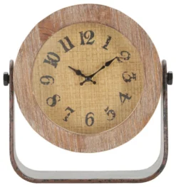 Horloge de table ronde en métal et bois marron