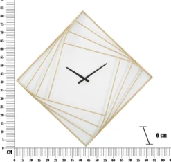 Horloge murale carrée métal doré et plastique blanc