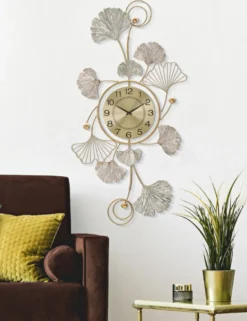 Horloge murale décorative en fer multicolore avec motifs feuilles 3D