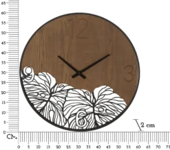Horloge murale ronde Bois Métalisé décor feuille Noir Marron