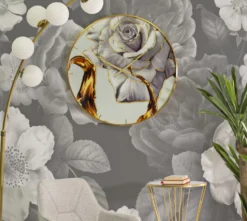 Horloge murale ronde décorée d'une rose cadre doré verre M.D.F métal