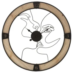 Horloge murale ronde en bois et fer avec visages stylisés
