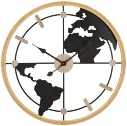 Horloge murale ronde Monde Métal Noir et M.D.F marron