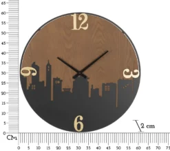 Horloge murale ronde métal et bois ligne d'horizon chiffres dorés