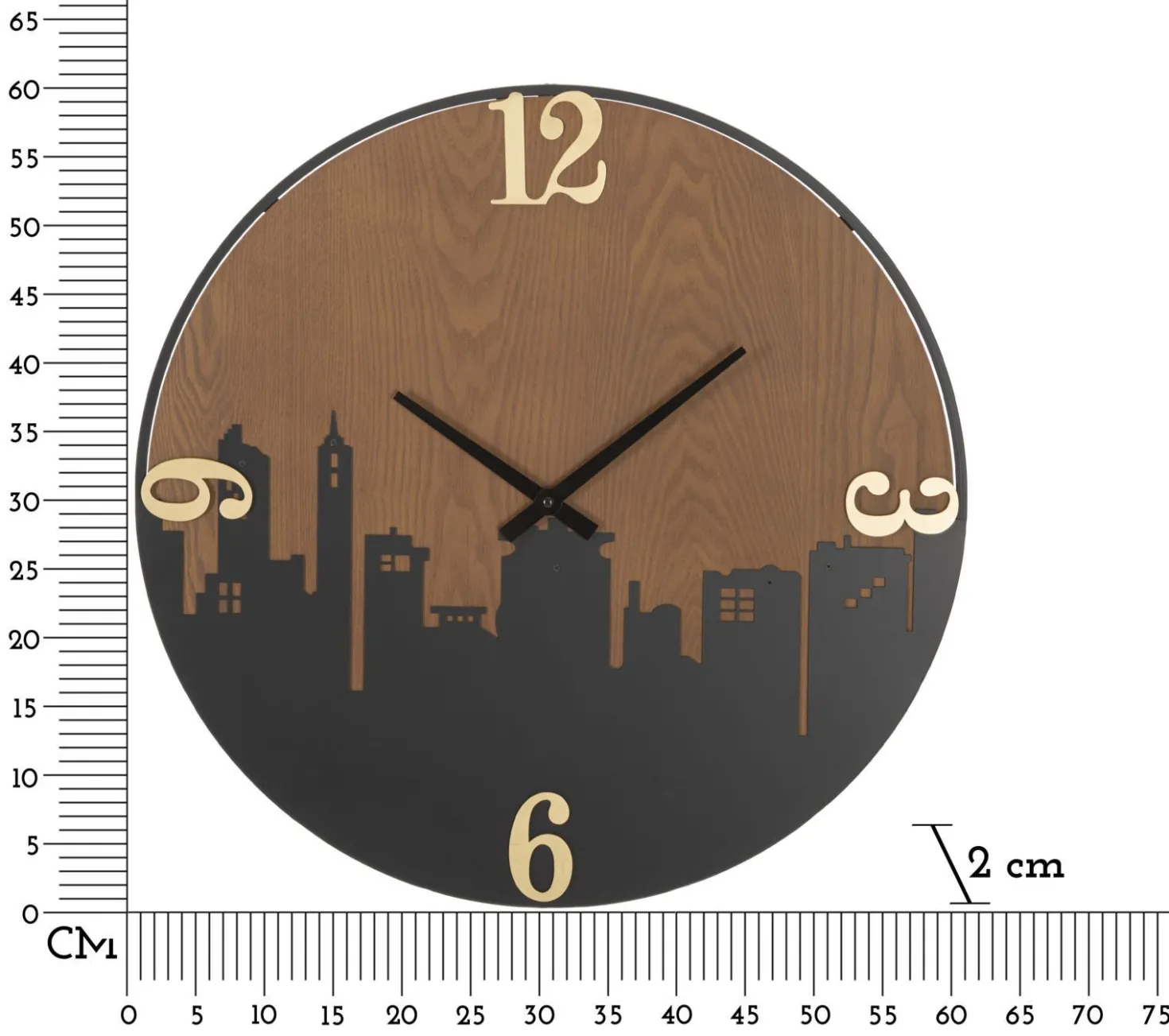 Horloge murale ronde métal et bois ligne d'horizon chiffres dorés