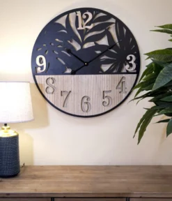 Horloge murale ronde Palm Métal Noir et Bois Clair