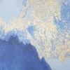 Impression toile paysage montagne encadrée en bois massif nuances de bleu embellissements dorés