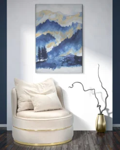 Impression toile paysage montagne encadrée en bois massif nuances de bleu embellissements dorés