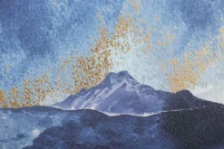 Impression toile paysage montagne encadrée en bois massif nuances de bleu embellissements dorés