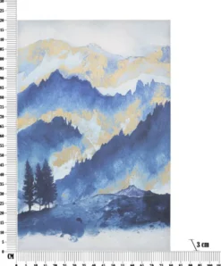 Impression toile paysage montagne encadrée en bois massif nuances de bleu embellissements dorés