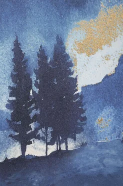 Impression toile paysage montagne encadrée en bois massif nuances de bleu embellissements dorés