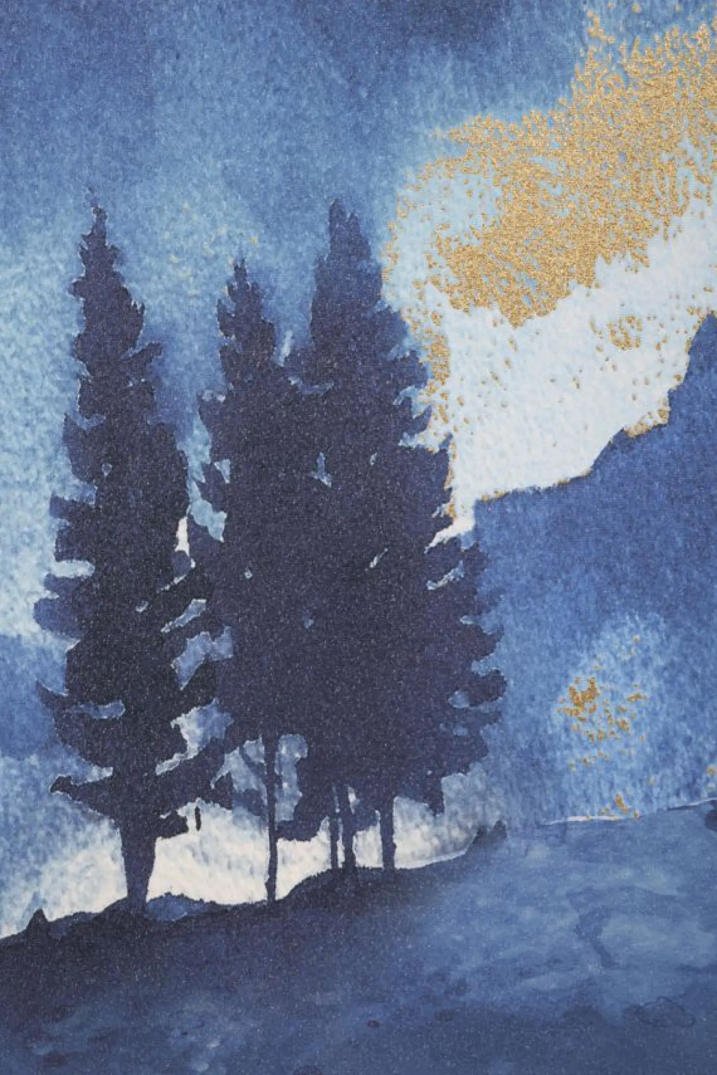 Impression toile paysage montagne encadrée en bois massif nuances de bleu embellissements dorés