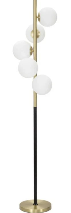 Lampadaire 5 lumières métal doré et noir avec sphères en verre blanc