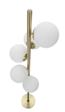 Lampadaire 5 lumières métal doré et noir avec sphères en verre blanc