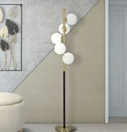 Lampadaire 5 lumières métal doré et noir avec sphères en verre blanc