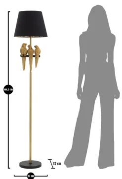 Lampe de sol dorée avec abat-jour en tissu noir et décor perroquets