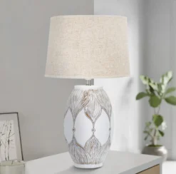 Lampe de table Athenes Polyrésine Blanc abat-jour Tissu Beige
