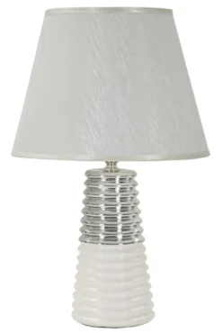 Lampe de table Candela céramique blanche abat-jour tissu argenté