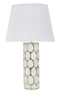 Lampe de table céramique blanche décorations dorées abat-jour tissu blanc