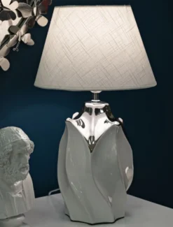 Lampe de table céramique blanche et grise abat-jour tissu blanc