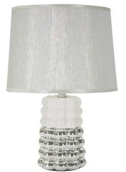 Lampe de table Céramique Blanche et Argentée Abat-jour Tissu Argenté