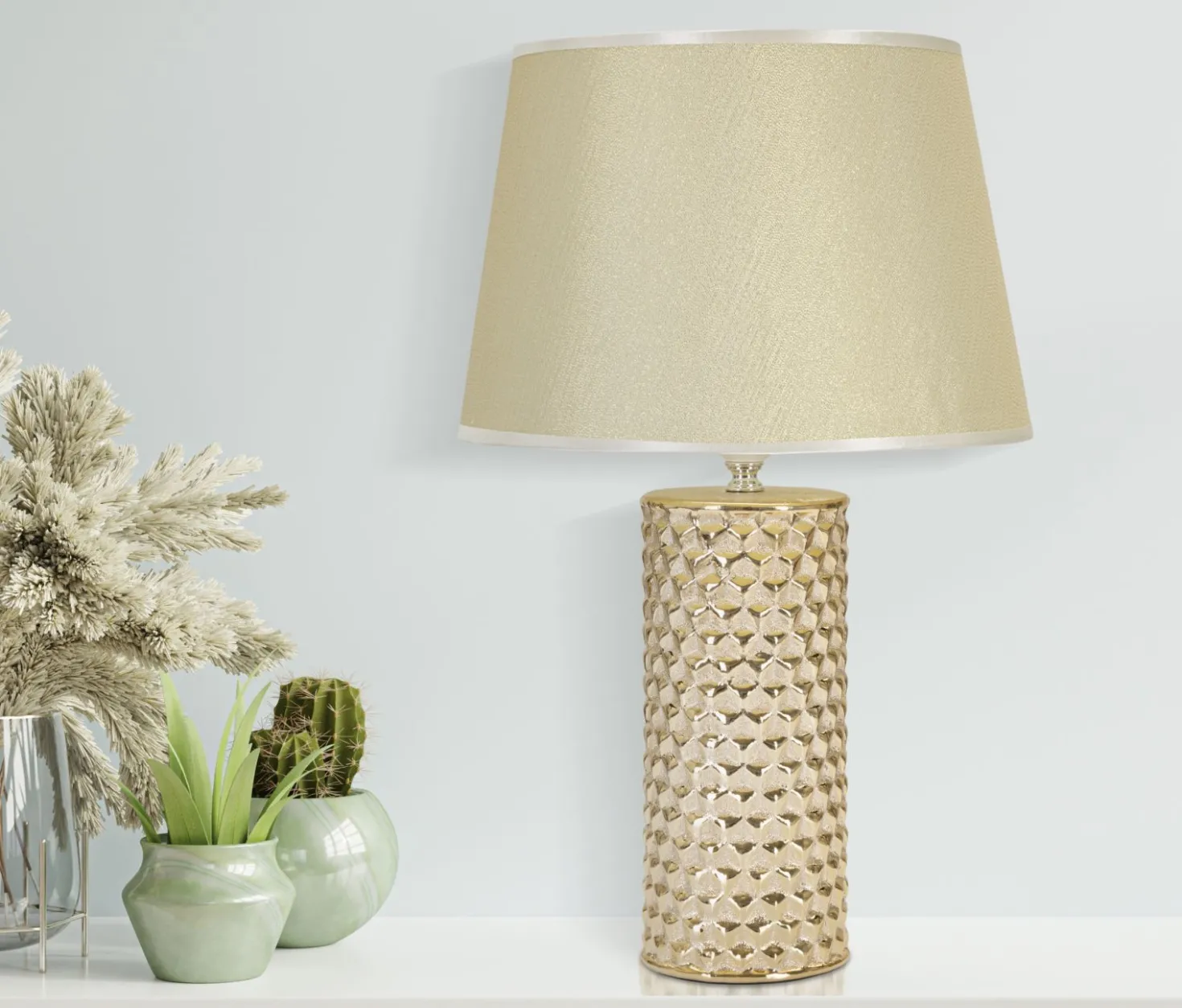 Lampe de table céramique dorée abat-jour tissu blanc