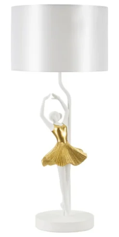 Lampe de table Danseuse métal et résine robe dorée abat-jour tissu blanc