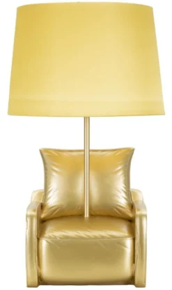 Lampe de table design années 70 polyrésine dorée abat-jour tissu Ocre Jaune