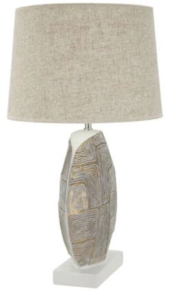 Lampe de table en résine décor géométrique abat-jour tissu beige