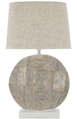 Lampe de table en résine décor géométrique abat-jour tissu beige